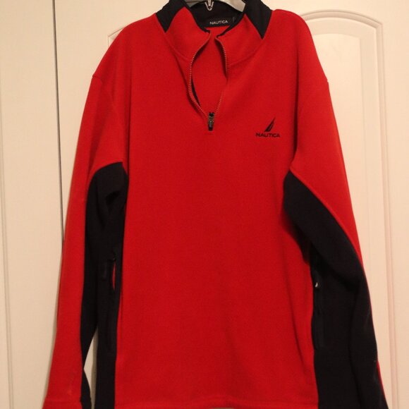Nautica Red & Black Quarter Zip Feece Mock Neck Pullover Men's Large Outdoors - Picture 1 of 16